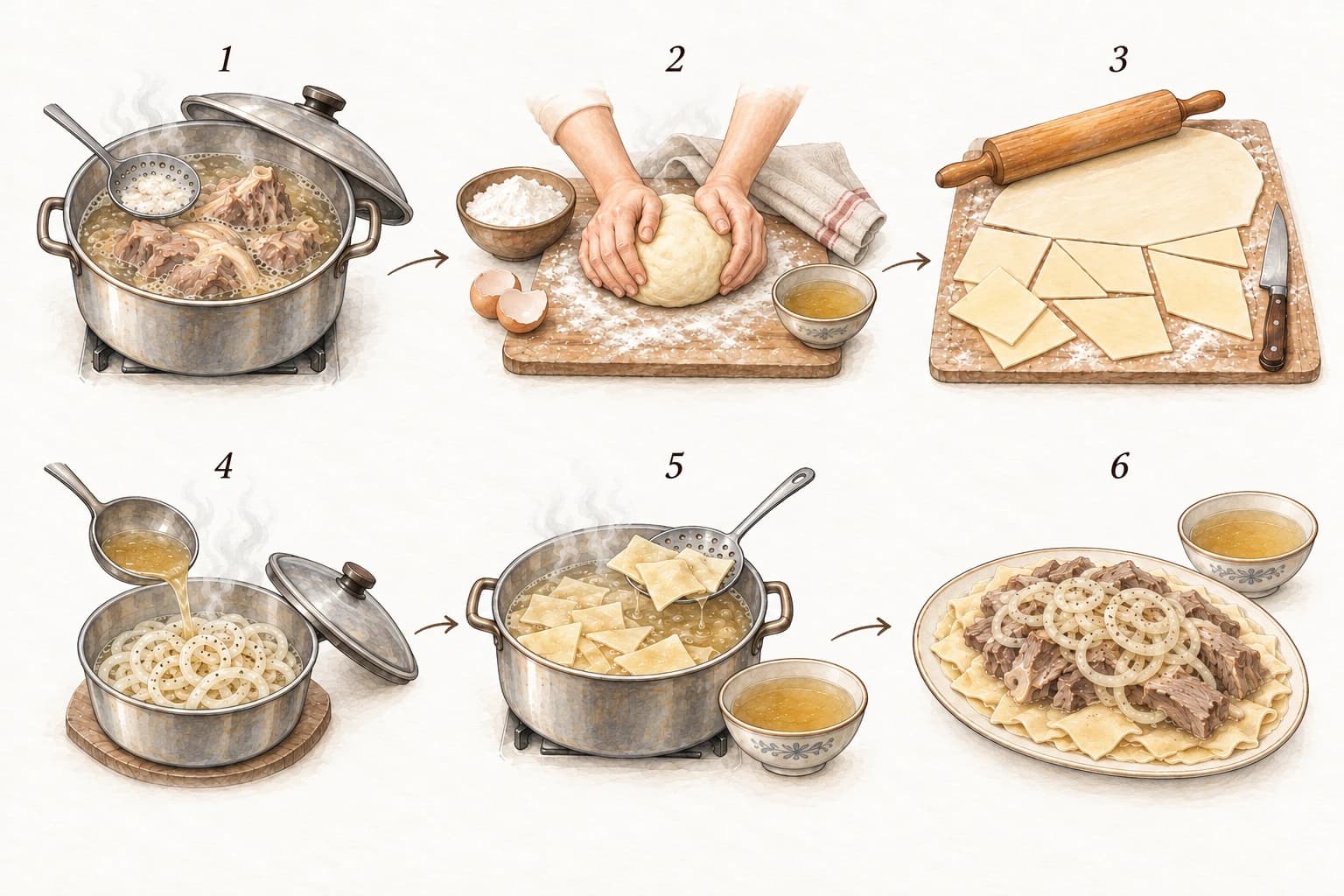 Шесть этапов: сварить мясо, замесить тесто, раскатать и нарезать, залить лук бульоном, отварить тесто, собрать табак